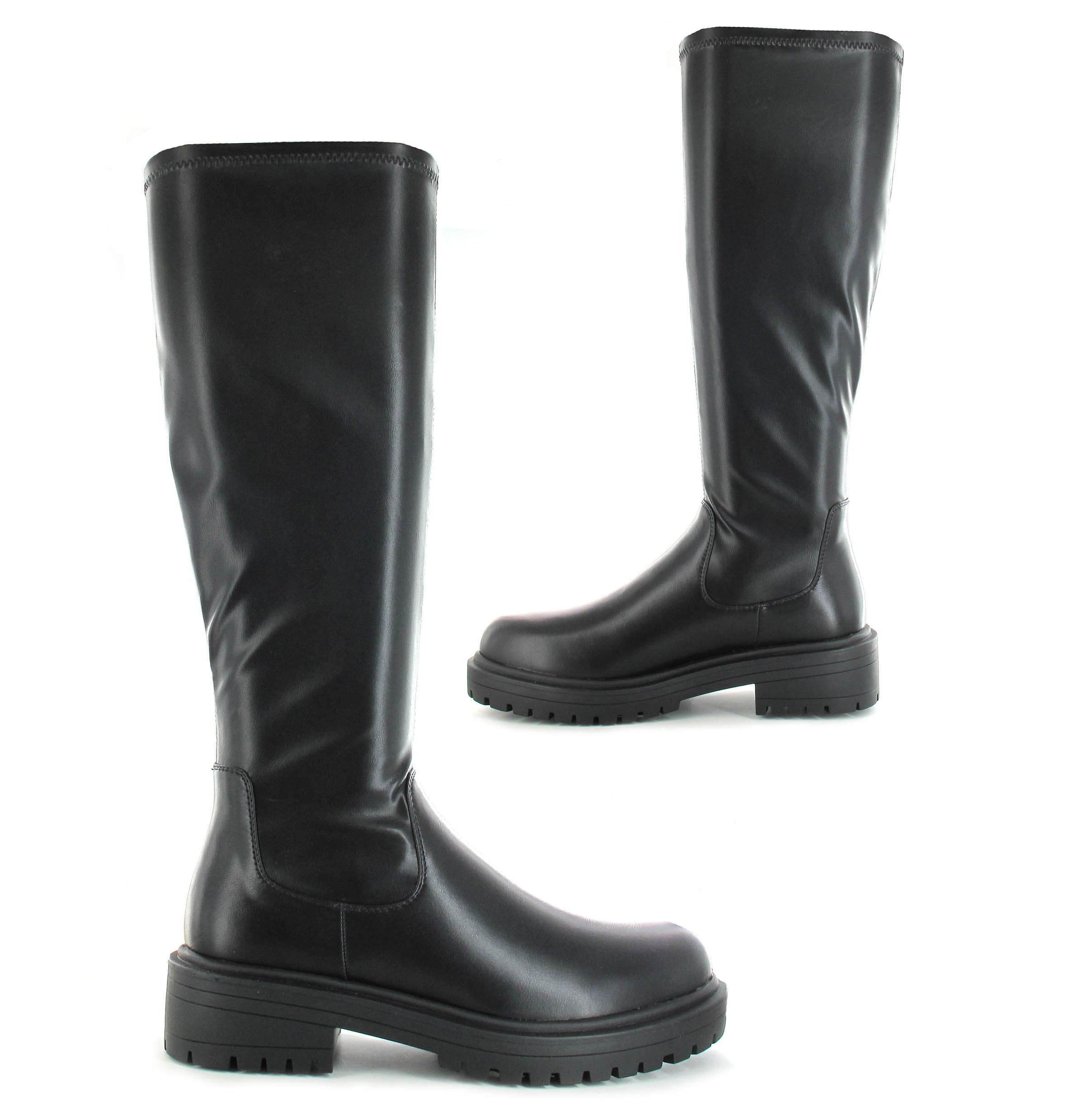 Nicola: Women's Knee High Chunky Pull On Biker Boot -Black