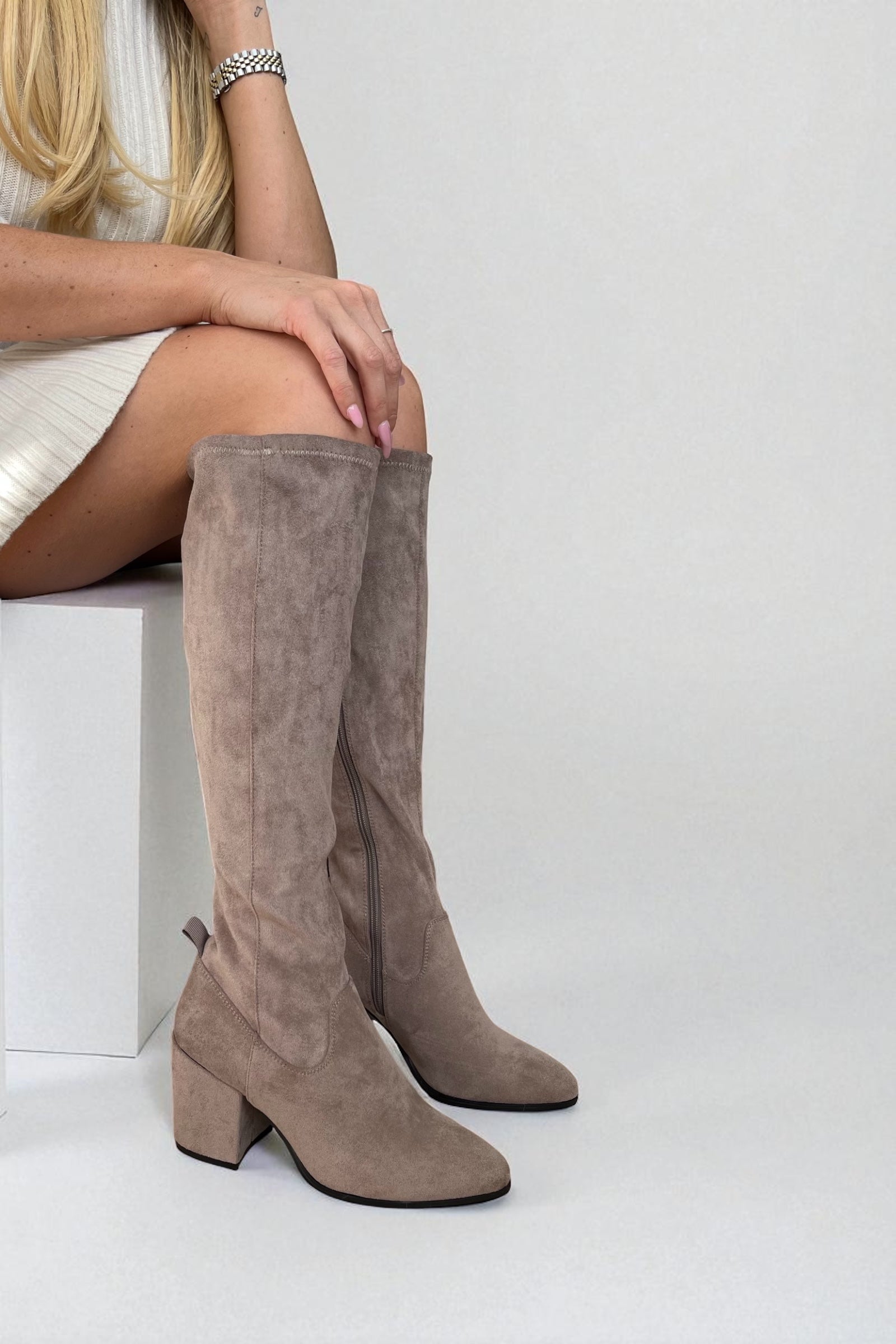 Cream Suede Boots Knee High Mocha Faux Suede Knee High Block