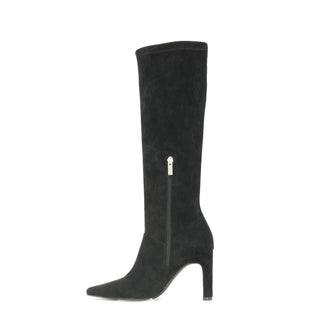 Roxy: Knee High Heeled Boot - Black Magic Stretch Faux Suede