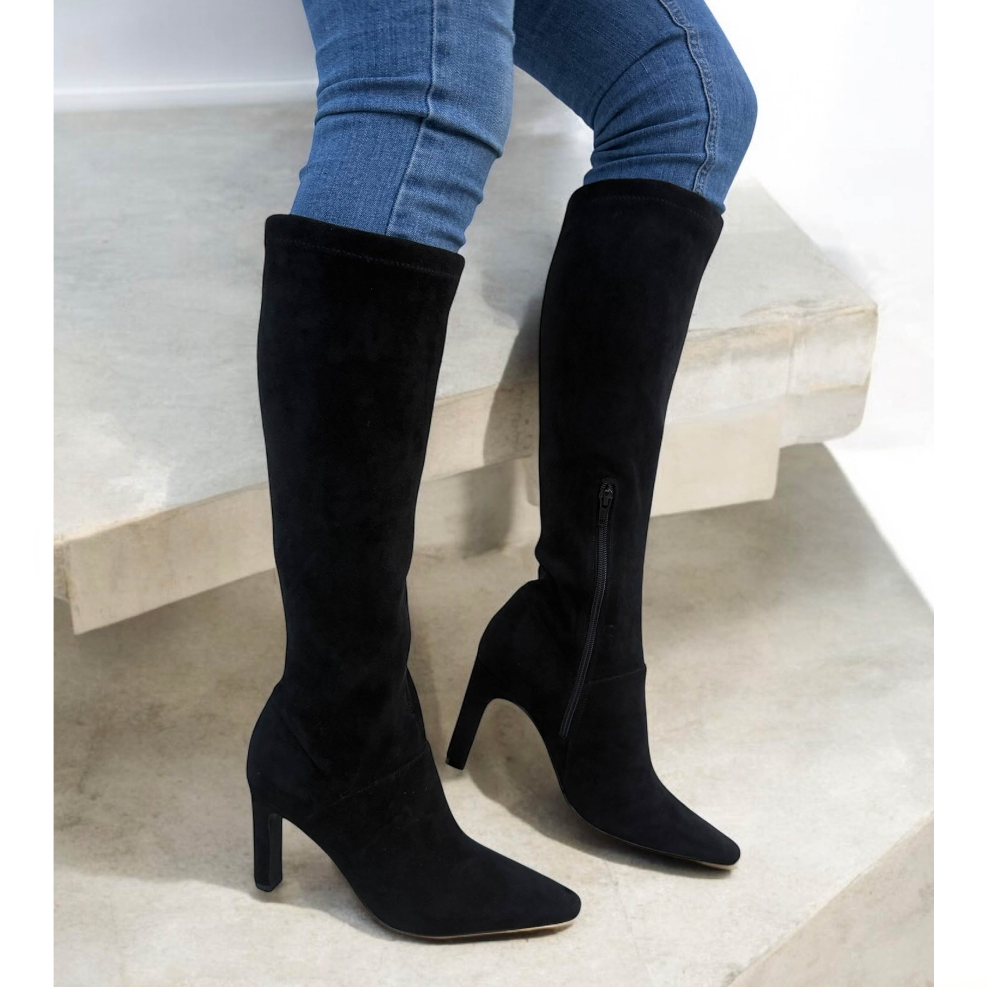 Roxy: Knee High Heeled Boot Black Magic Stretch Faux Suede