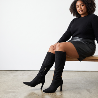 Roxy - Knee High Stretch Boots - Black Faux Suede