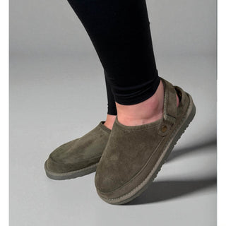 Ruby: Memory Foam Ankle Strap Faux Fur Slippers - Olive