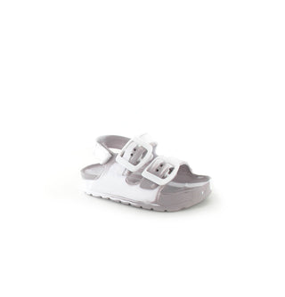 Shells: Infants Double Buckle Three Strap Slides - White/Grey Splash