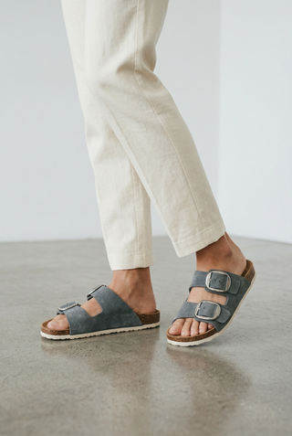Violet: Flat Double Buckled Sandal - Grey