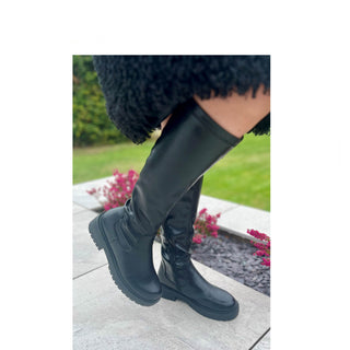 Nicola: Women's Knee High Chunky Pull On Biker Boot - Black