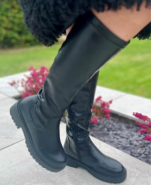 Nicola: Women's Knee High Chunky Pull On Biker Boot - Black