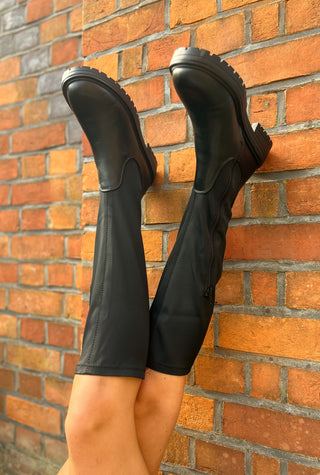 Nicola: Women's Knee High Chunky Pull On Biker Boot - Black