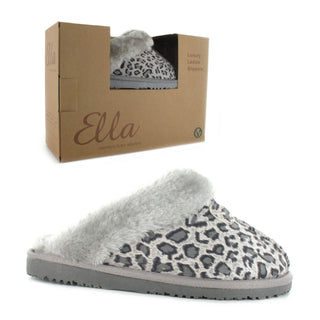 Jill: Women's Luxury Faux Fur Lined Mule Slippers - Grey Leopard