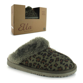 Jill: Women's Luxury Faux Fur Lined Mule Slippers - Olive Leopard