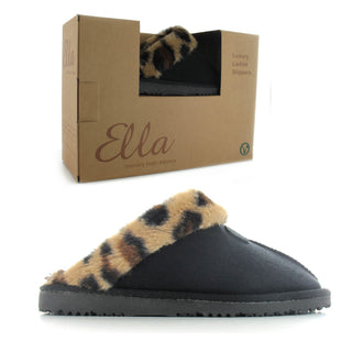 Lily: Women's Faux Leopard Print Fur Lined Mule Slippers -  Black