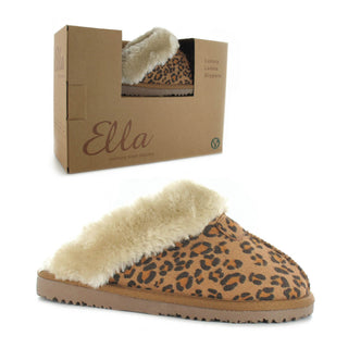 Jill: Women's Luxury Faux Fur Lined Mule Slippers - Tan Leopard