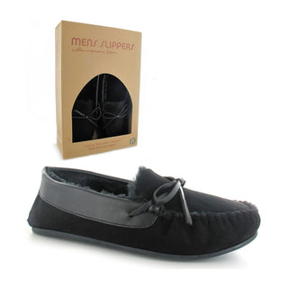 Clive: Mens Memory Faux Fur Lined Moccasin Slippers - Black