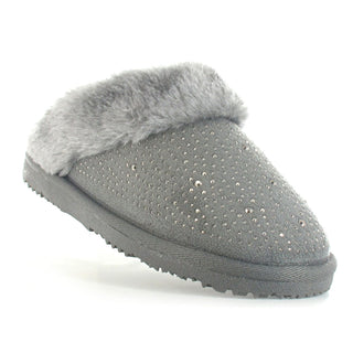 Charlotte: Women's Embellished Faux Fur Lined Mule Slippers - Grey